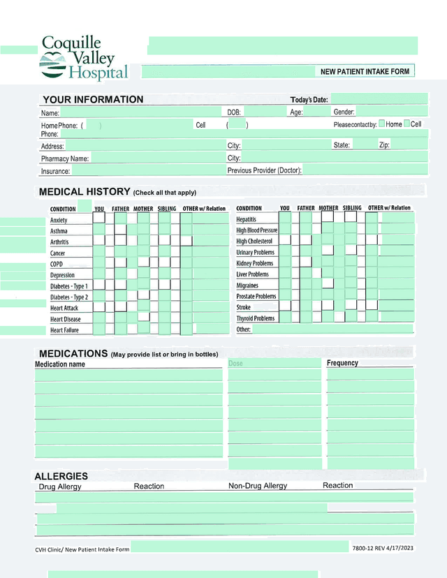 NEW PATIENT INTAKE FORM screenshot