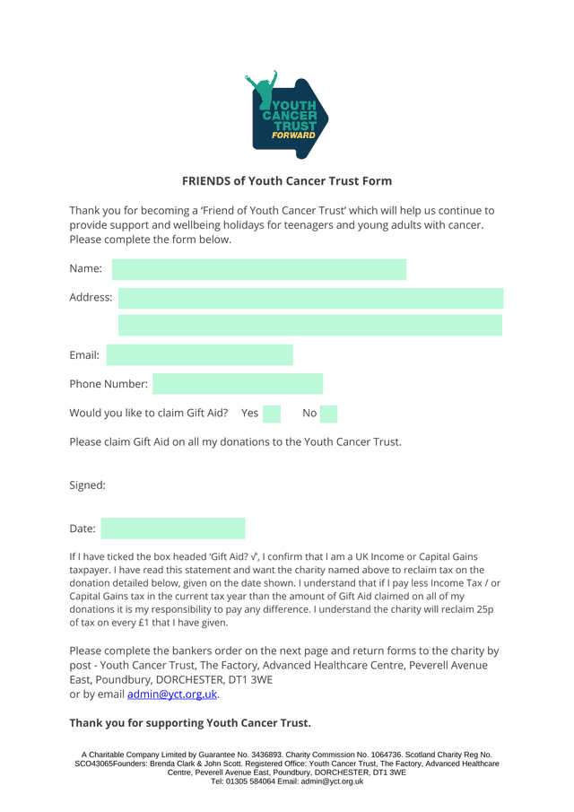 FRIENDS Of Youth Cancer Trust Form screenshot