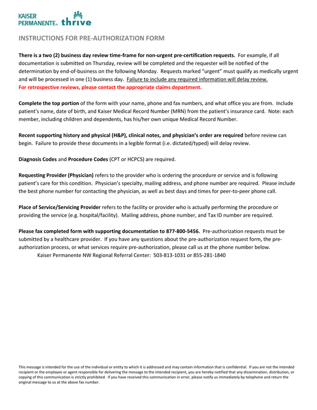 Pre Authorization Form Instructions screenshot