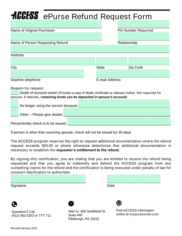 EPurse Refund Request Form screenshot