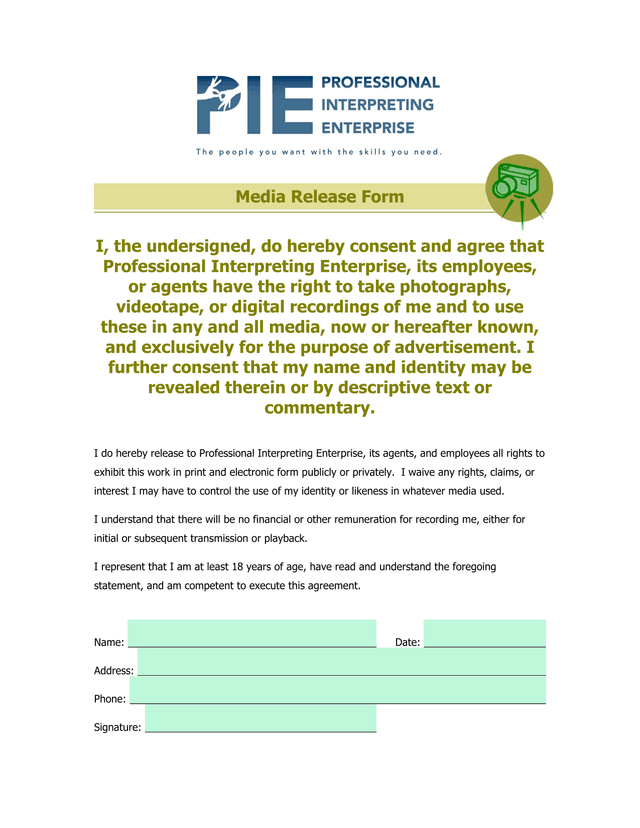 Media Release Form screenshot