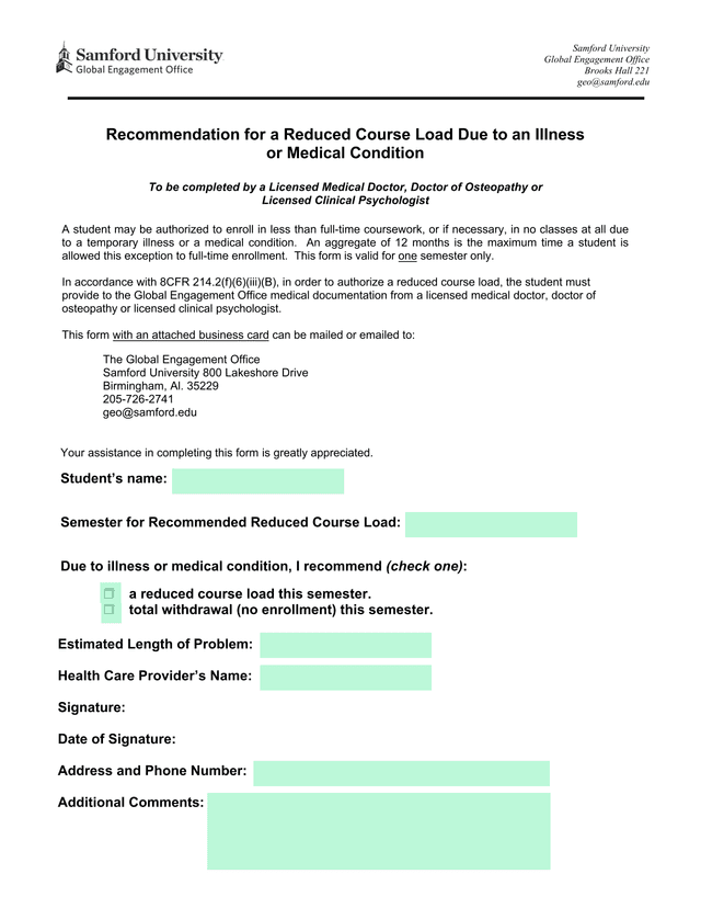 Recommendation For A Reduced Course Load Due To An Illness Or Medical Condition screenshot