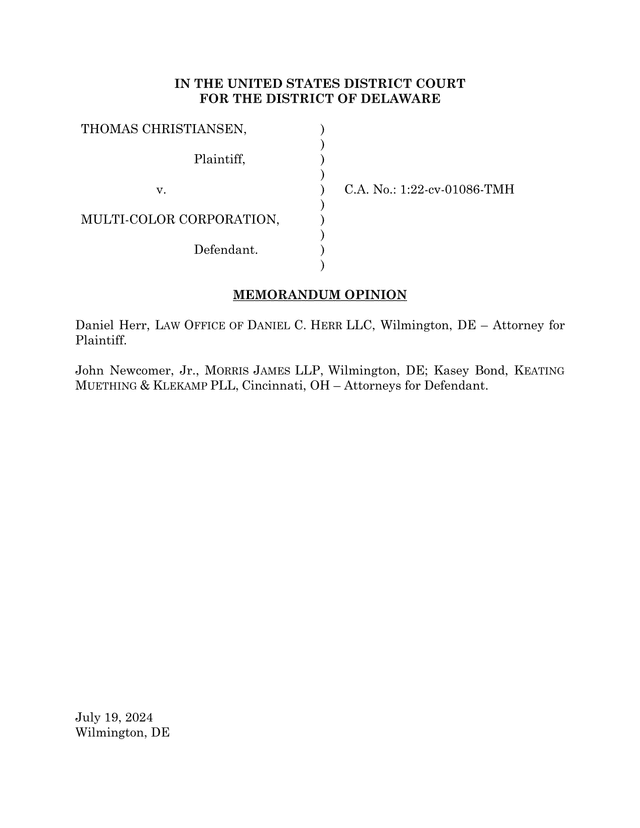 Memorandum Opinion Christiansen V. Multi Color Corporation screenshot
