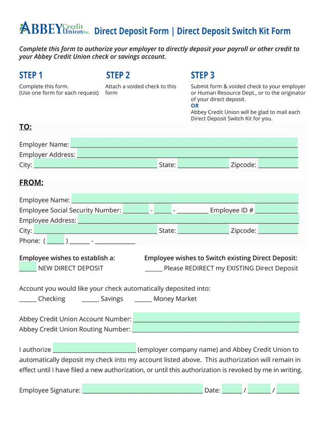 Direct Deposit Form  Direct Deposit Switch Kit Form screenshot