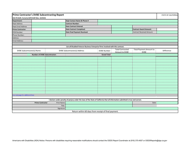 Prime ContractorS DVBE Subcontracting Report screenshot