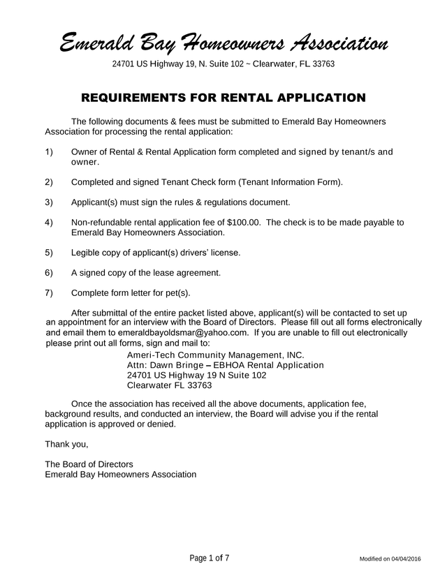 Emerald Bay Homeowners Association Rental Application screenshot