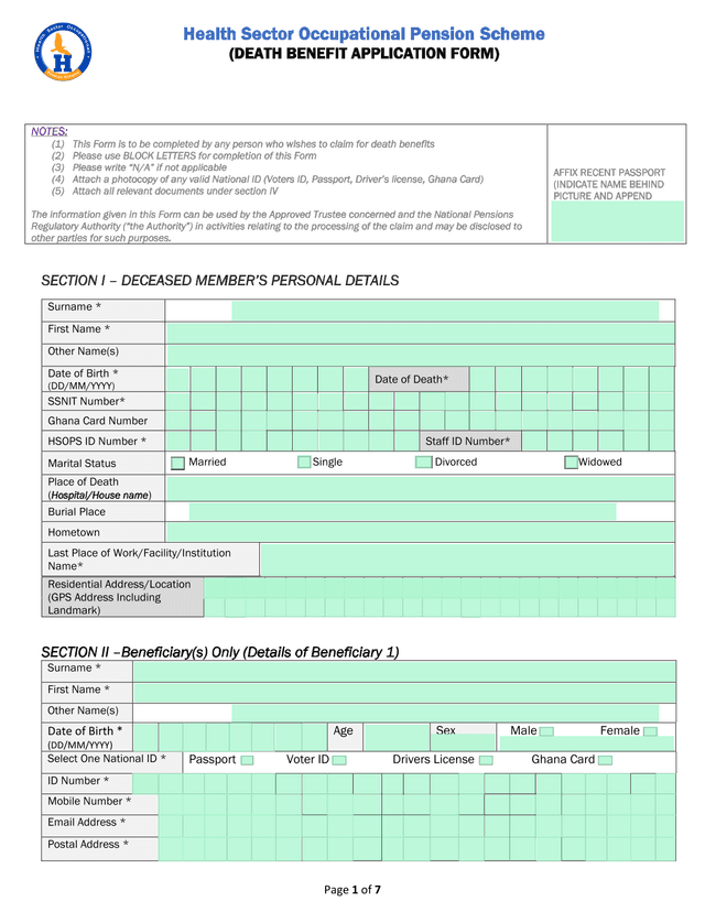 Health Sector Occupational Pension Scheme (DEATH BENEFIT APPLICATION FORM) screenshot
