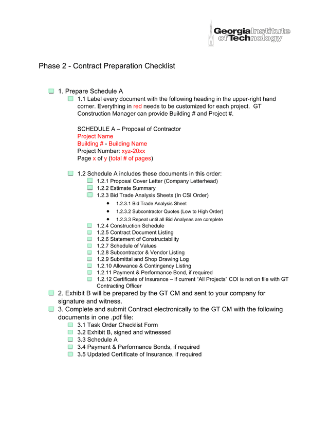 Phase 2   Contract Preparation Checklist screenshot