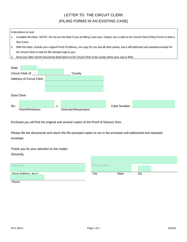 Letter To The Circuit Clerk (Filing Forms In An Existing Case) screenshot