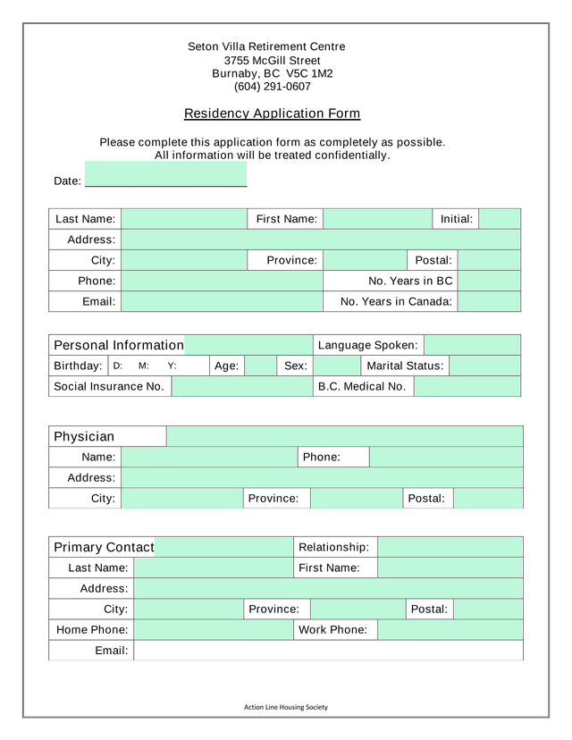 Residency Application Form screenshot