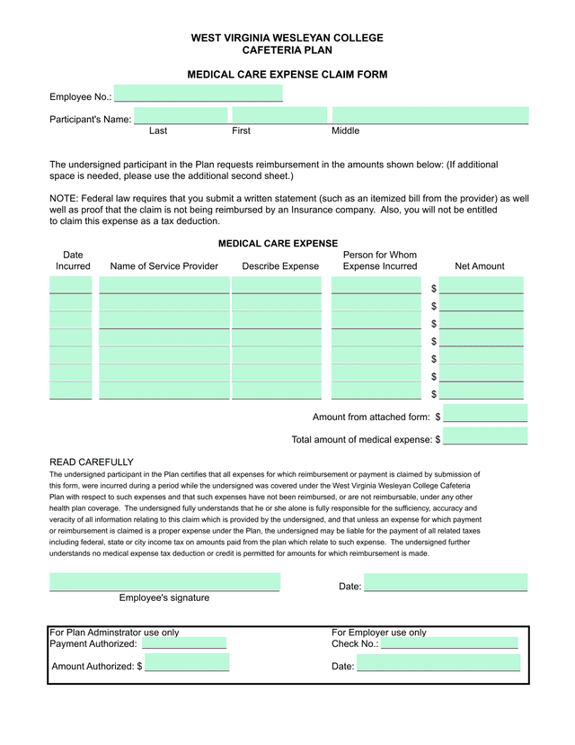 WEST VIRGINIA WESLEYAN COLLEGE CAFETERIA PLAN MEDICAL CARE EXPENSE CLAIM FORM screenshot