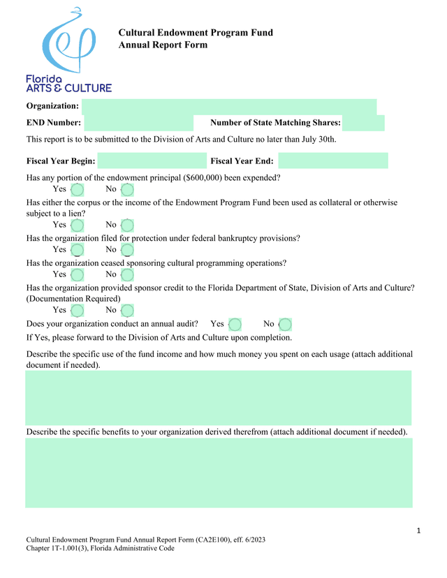 Cultural Endowment Program Fund Annual Report Form (CA2E100) screenshot