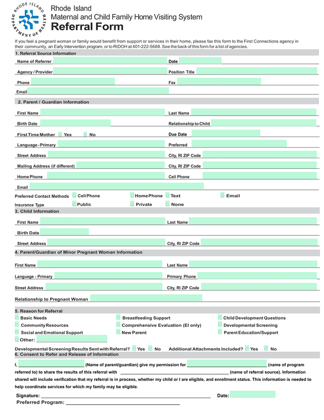 Rhode Island Maternal And Child Family Home Visiting System Referral Form screenshot