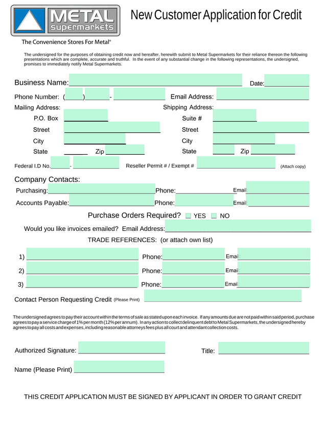 New Customer Application For Credit screenshot