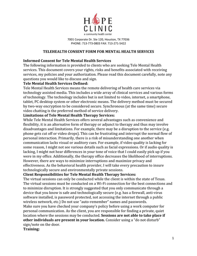 TELEHEALTH CONSENT FORM FOR MENTAL HEALTH SERVICES screenshot