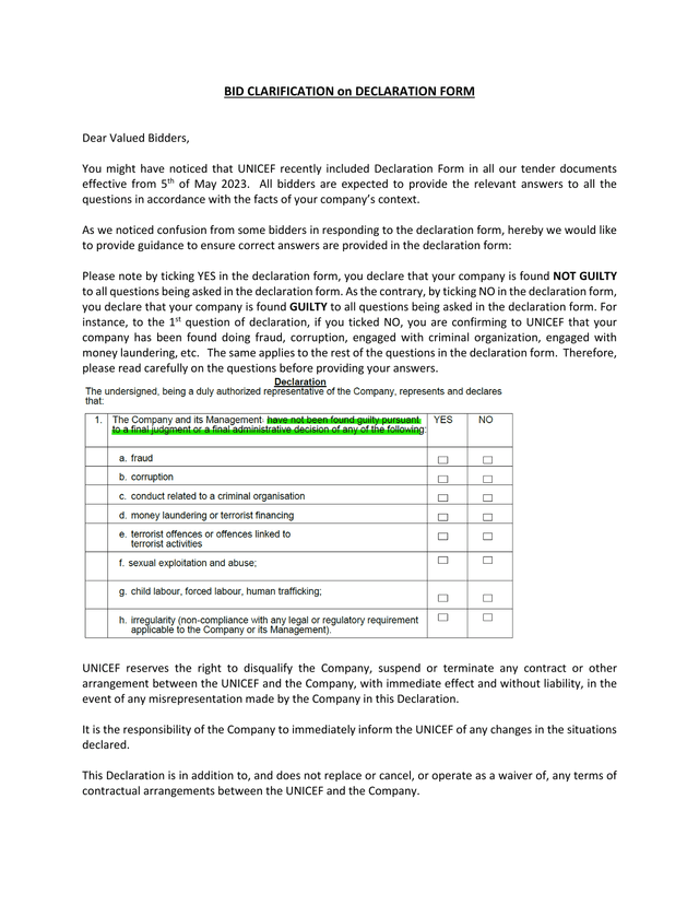 BID CLARIFICATION On DECLARATION FORM screenshot