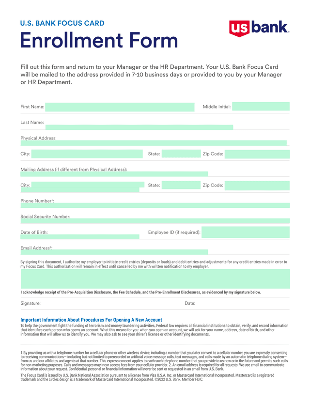 U.S. BANK FOCUS CARD Enrollment Form screenshot