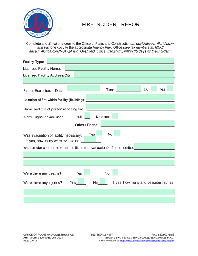 AHCA Form 3500 0031 Fire Incident Report screenshot