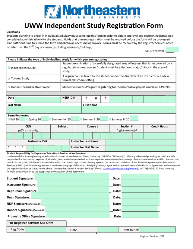 UWW Independent Study Registration Form screenshot