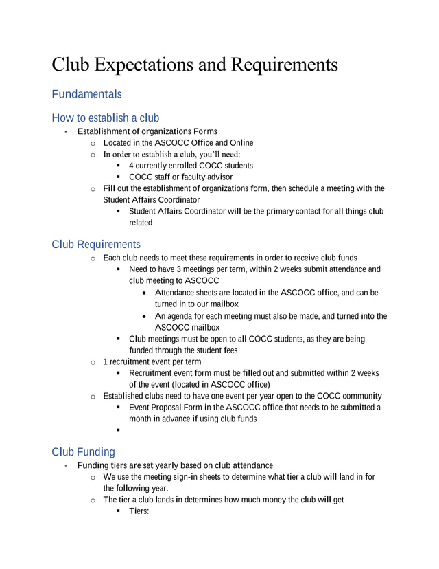 Club Expectations And Requirements screenshot