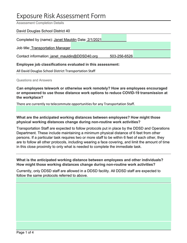 Exposure Risk Assessment Form screenshot