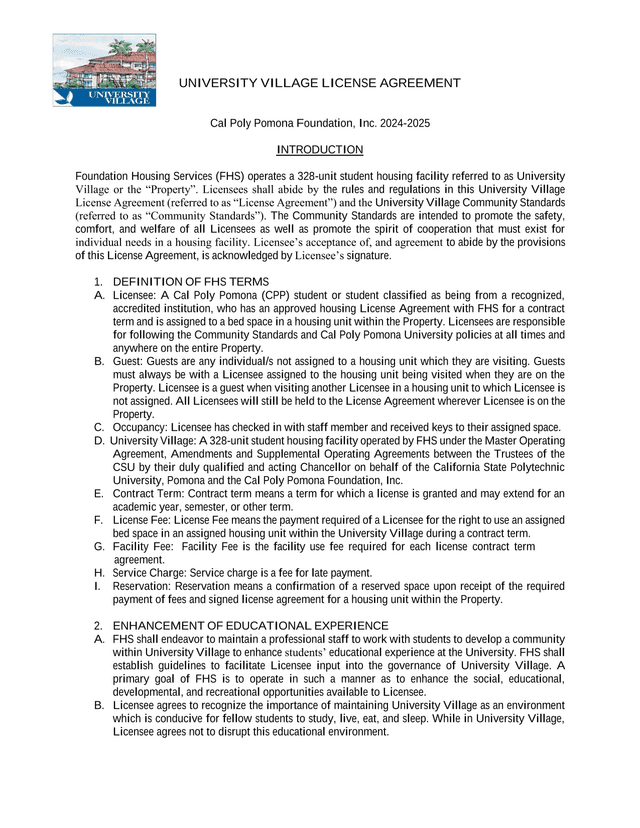 University Village License Agreement screenshot