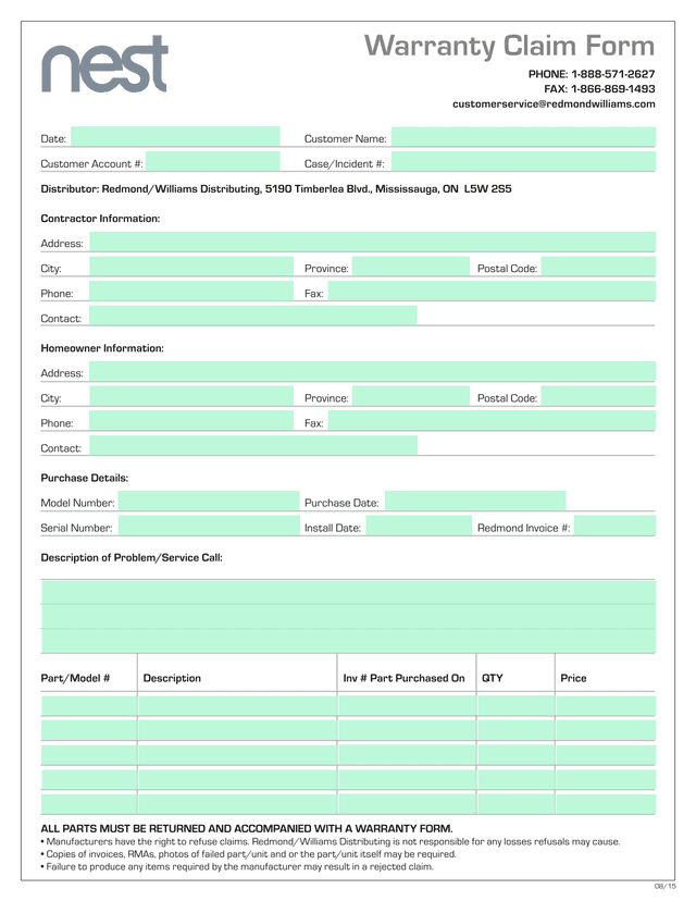 Warranty Claim Form screenshot