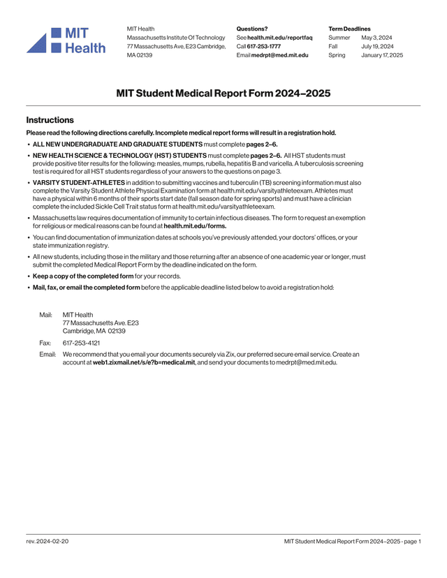 MIT Student Medical Report Form 20242025 screenshot