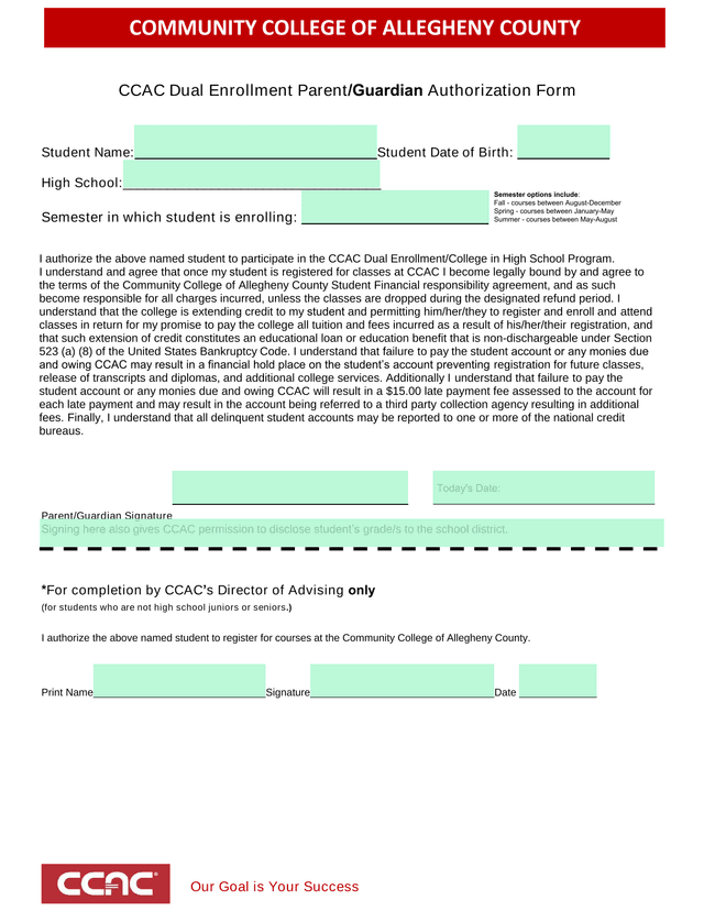 CCAC Dual Enrollment ParentGuardian Authorization Form screenshot
