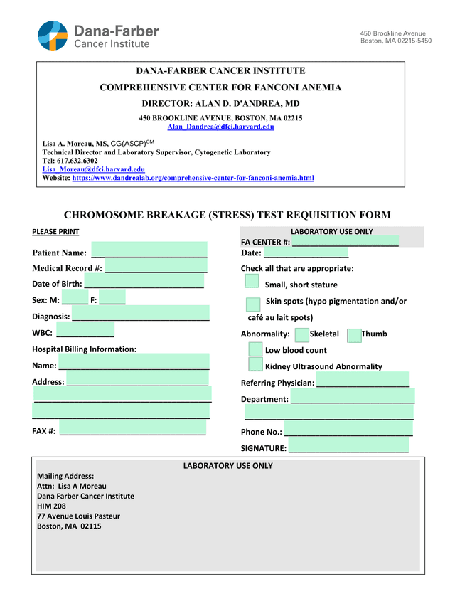 Chromosome Breakage (Stress) Test Requisition Form screenshot