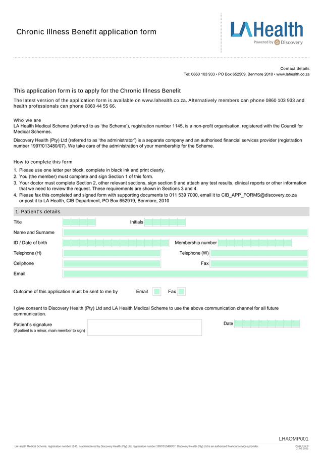 Chronic Illness Benefit Application Form screenshot