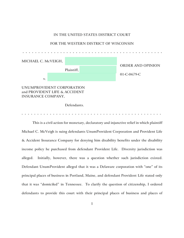 McVeigh V. UnumProvident Corporation And Provident Life  Accident Insurance Company screenshot