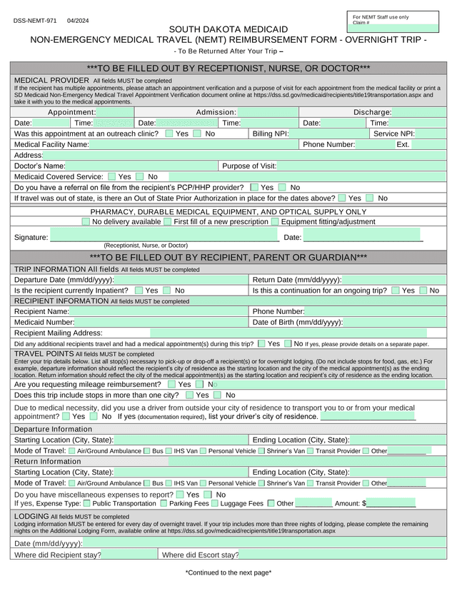 DSS NEMT 971 Non Emergency Medical Travel (NEMT) Reimbursement Form   Overnight Trip screenshot