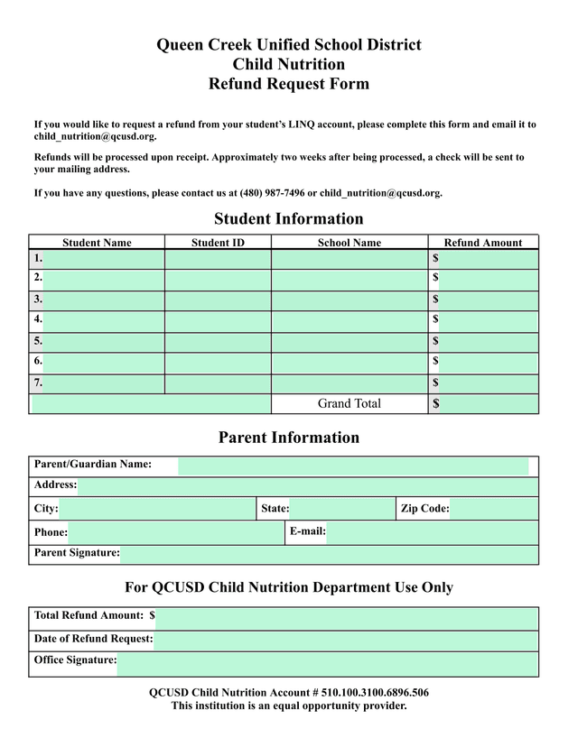 Child Nutrition Refund Request Form screenshot