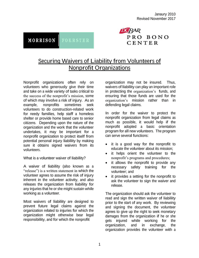 Securing Waivers Of Liability From Volunteers Of Nonprofit Organizations screenshot
