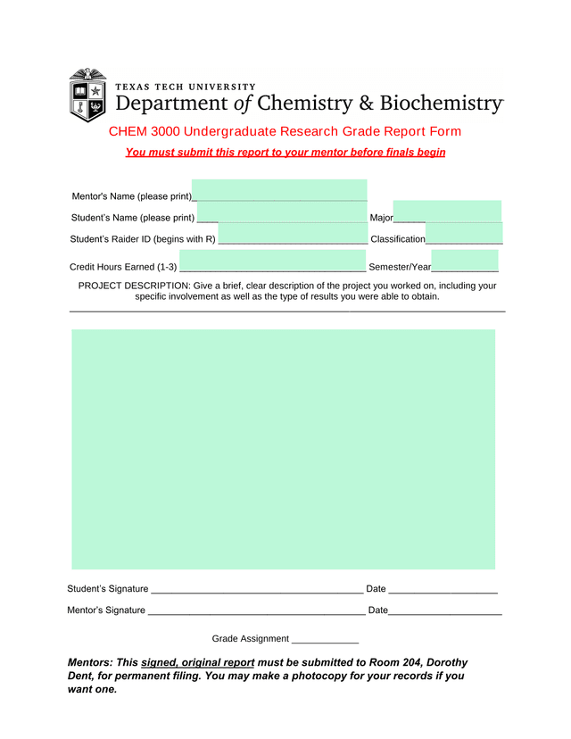 CHEM 3000 Undergraduate Research Grade Report Form screenshot