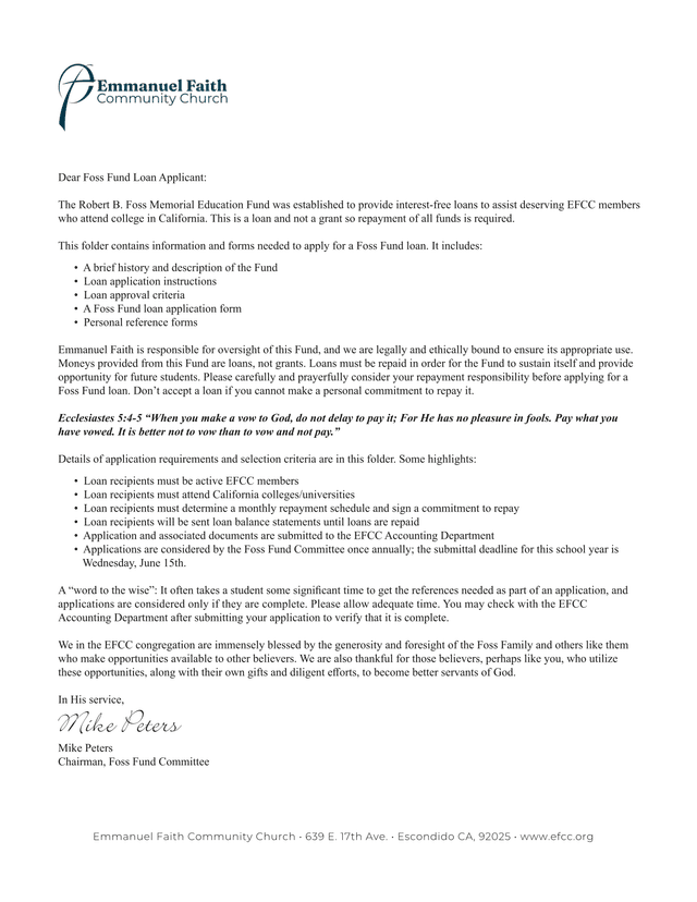 Robert B. Foss Memorial Education Fund Loan Application screenshot