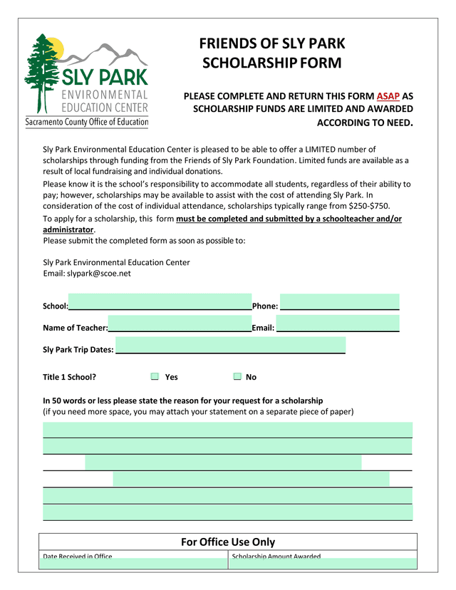 Friends Of Sly Park Scholarship Form screenshot