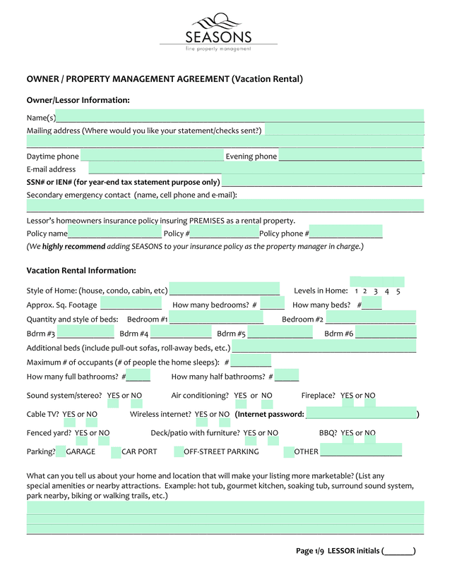 OWNER  PROPERTY MANAGEMENT AGREEMENT (Vacation Rental) screenshot