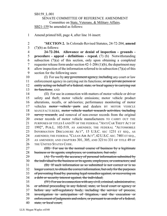 SB159 L.001 Senate Committee Amendment screenshot