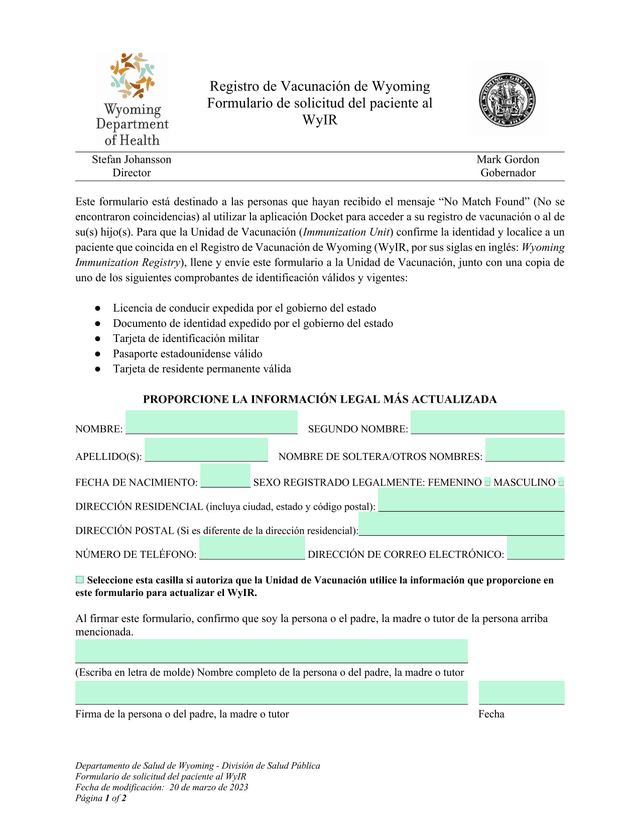 Registro De Vacunacin De Wyoming   Formulario De Solicitud Del Paciente Al WyIR screenshot