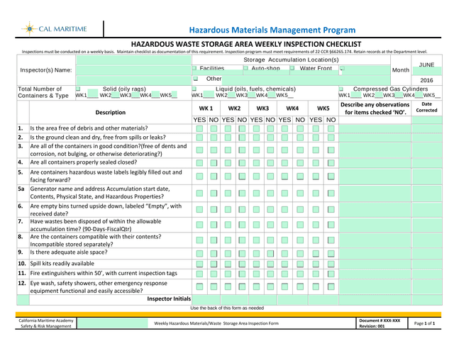 Hazardous Materials Management Program Weekly Hazardous MaterialsWaste Storage Area Inspection Form screenshot