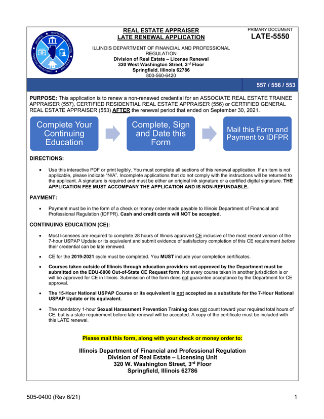 Real Estate Appraiser Late Renewal Application screenshot