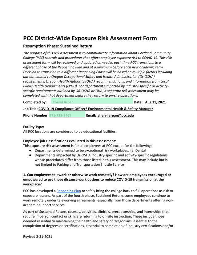 PCC District Wide Exposure Risk Assessment Form screenshot