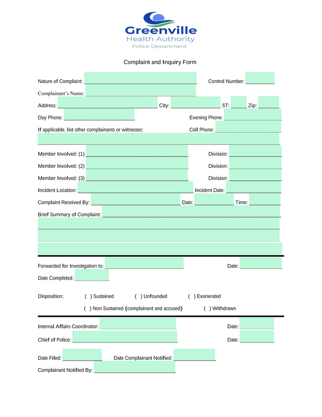 Complaint And Inquiry Form screenshot