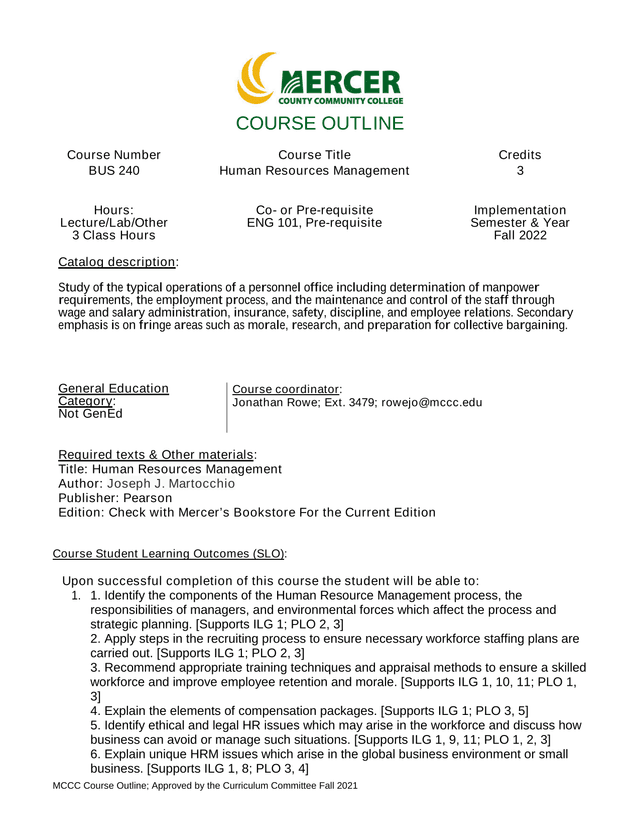 MCCC Course Outline Human Resources Management screenshot