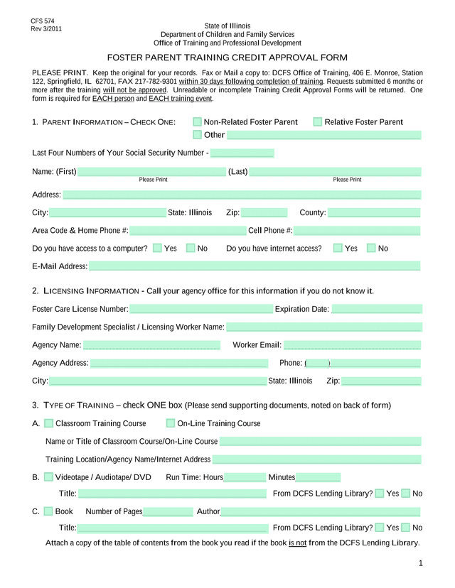 Foster Parent Training Credit Approval Form screenshot