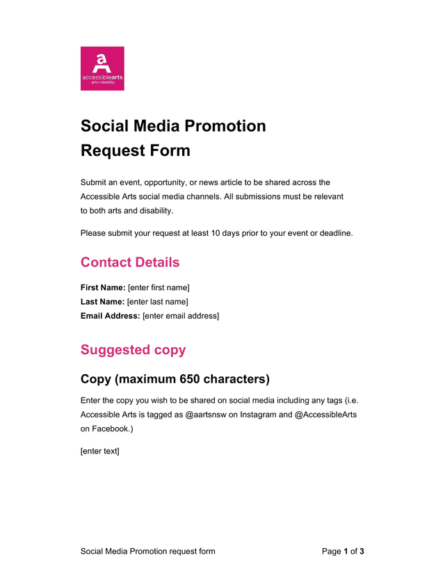 Social Media Promotion Request Form screenshot