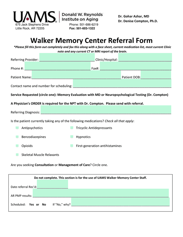 Walker Memory Center Referral Form screenshot