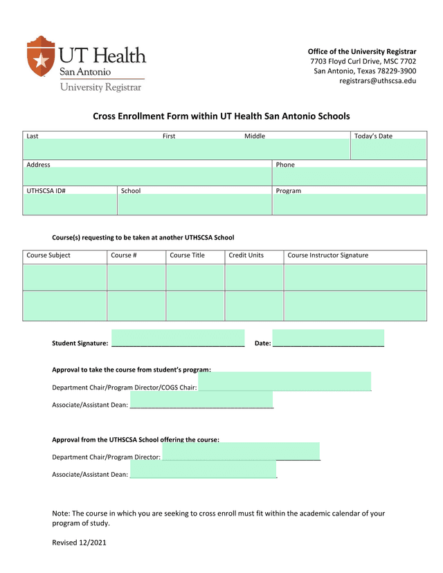 Cross Enrollment Form Within UT Health San Antonio Schools screenshot